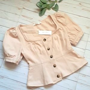 ALL IN FAVOR Blush Demin-Like Button Down Peplum Top